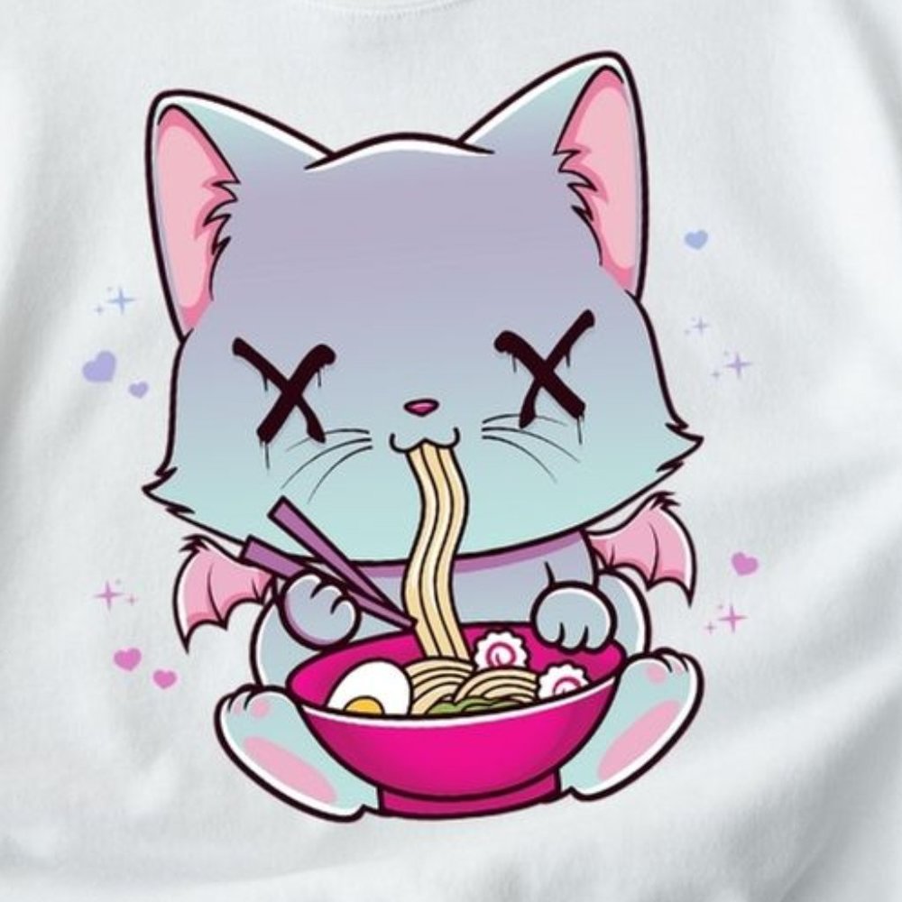 Creepy Kawaii Pastel Goth Cat Eating Ramen Sweatshirt / Hoodie - Picture 2 of 3